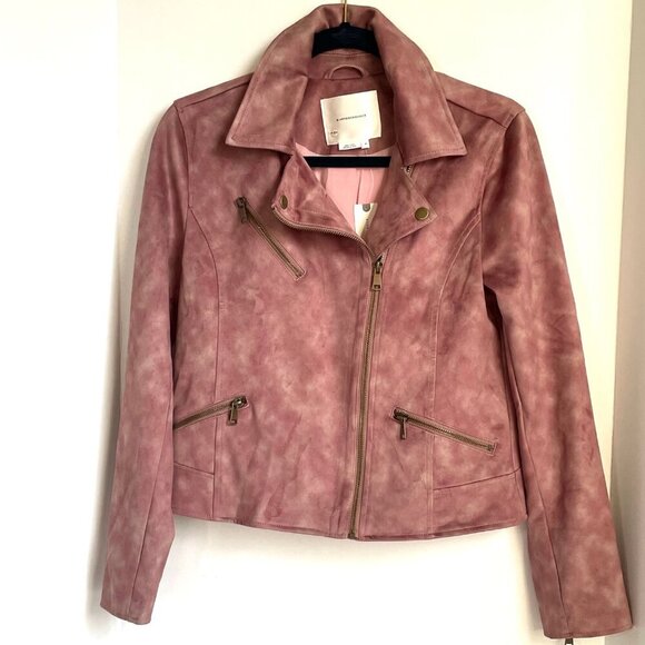 Anthropologie Moto Jacket Womens Pink Crop Micro Suede Leather Tie Dye - Picture 6 of 9